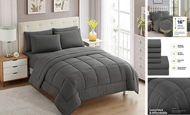 5 Piece Comforter Set Bag Solid Color All Season Soft Down Twin 1 Gray