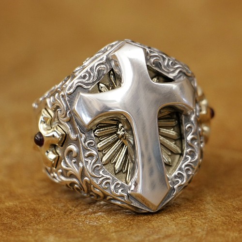 Brass Cross Shield 925 Sterling Silver Huge Cross Ring TA470B UK Size P½~Z5 - Picture 15 of 27