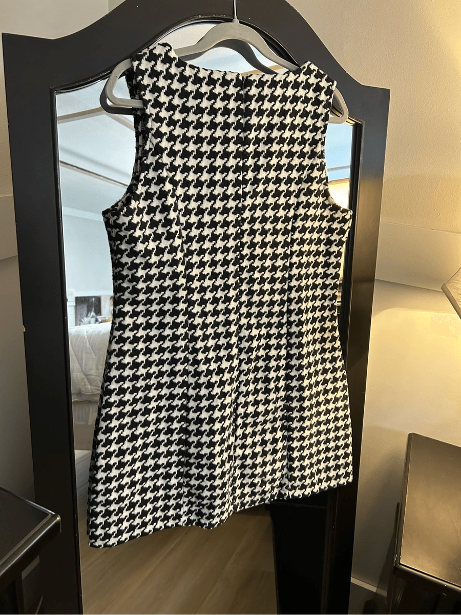 NEW Houndstooth Print Zip Up Back V Neck Mini Dress XL | eBay