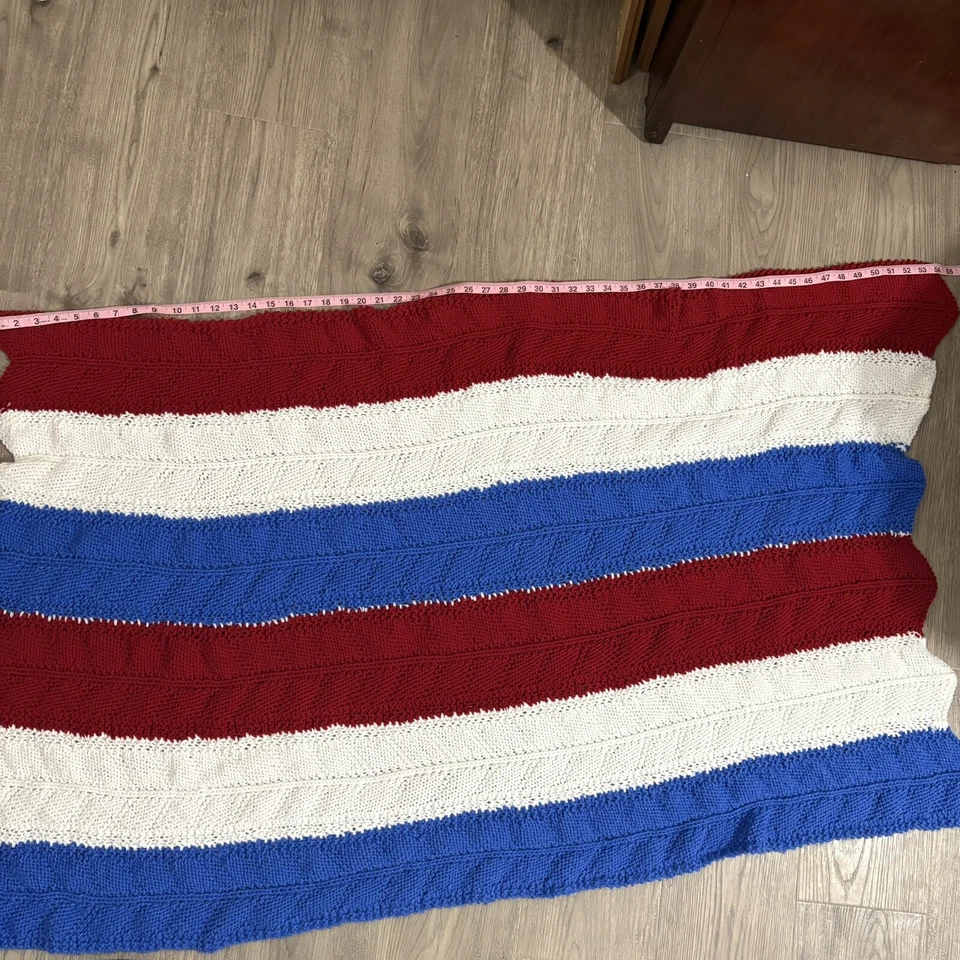 Handmade Crochet Afghan Throw Blanket Red White Blue Striped Scalloped USA 54x33 - Image 4 of 4