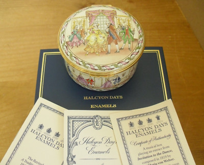 Boxed Ltd Ed Halcyon Days ''Einladung zum Tanz'' Emaille Spieluhr - 3 1/8''