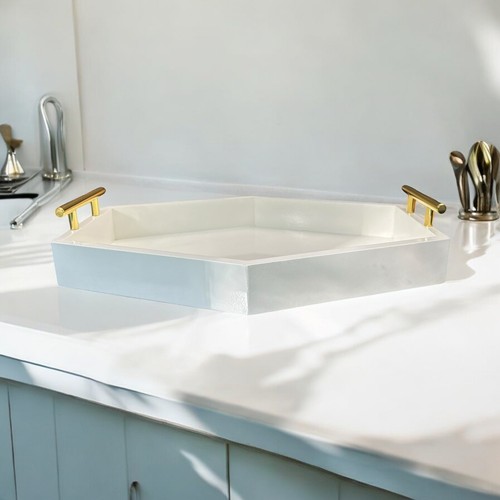 Uniek Inc Hexagon White Vanity Or Decorative Tray W/Gold Metal Handles 16” X 12” - Picture 3 of 7