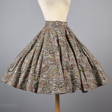 S/M Vintage 1950s 50s Full Circle Paisley Print Skirt Glitter Orange Brown Swing