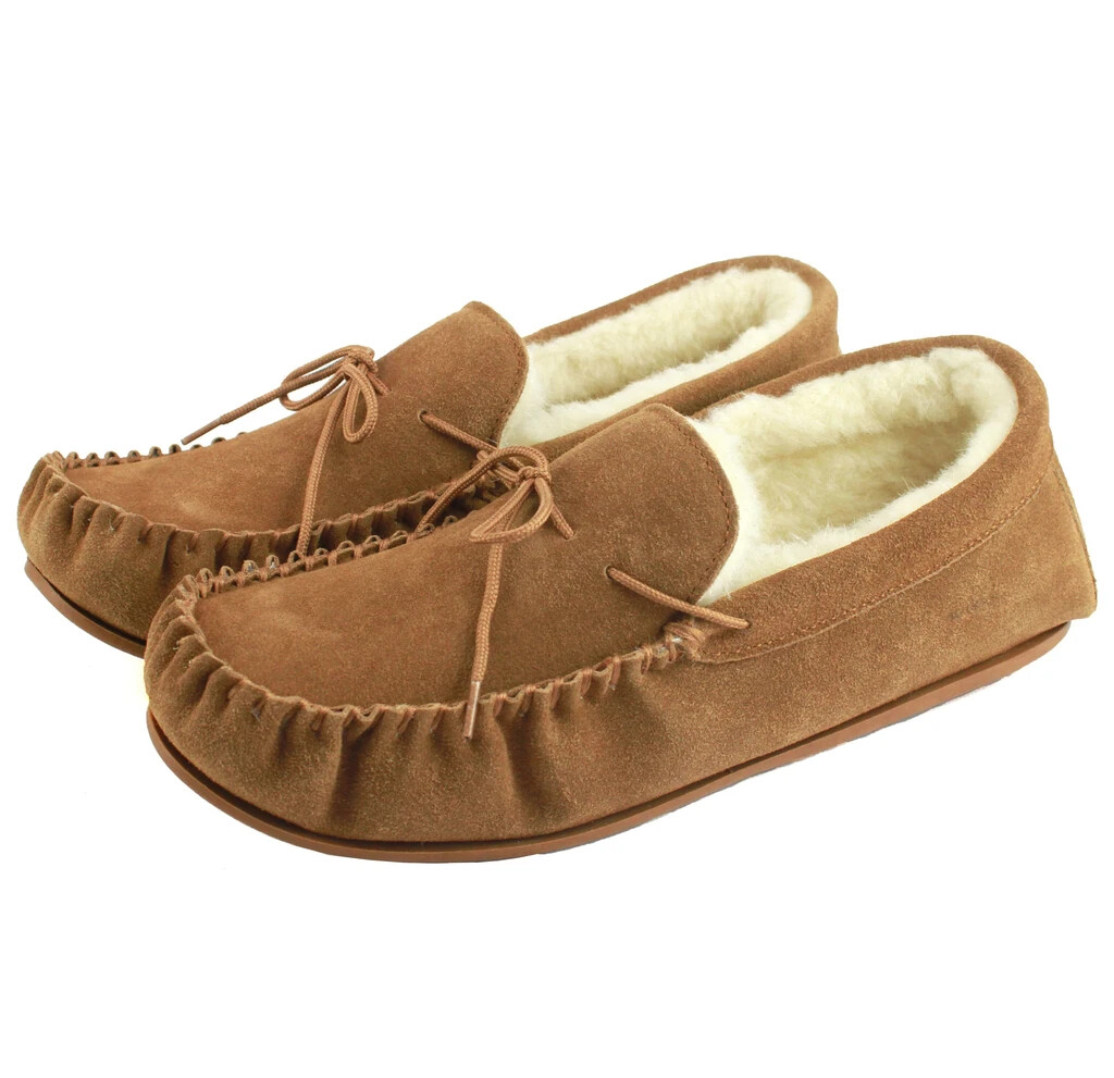 GENTS GENUINE SUEDE MOCCASIN SLIPPERS RUBBER SOLE IN CHESTNUT SIZES 4 TO 15  | eBay