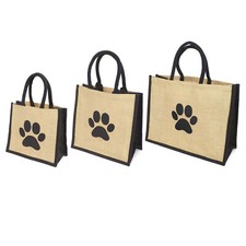 Printed Jute Hessian Black Trim Lunch / Shopping Bag Shoppers - Dog Paw Motif