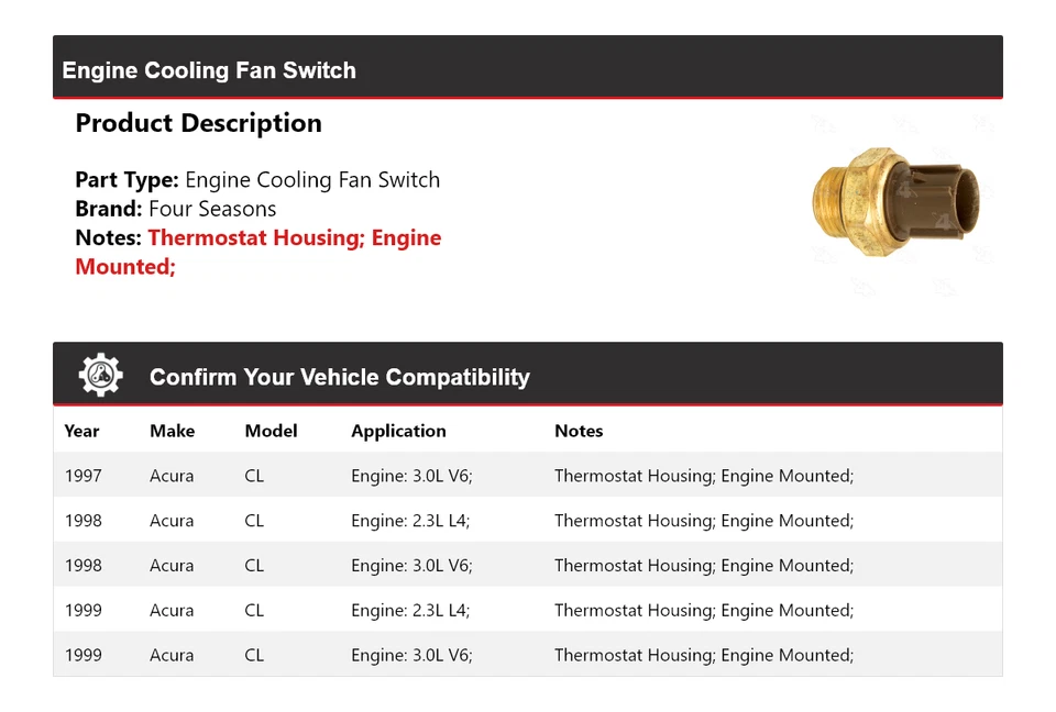 Interruptor de ventilador de refrigeración del motor Acura CL 1997-1999 4 estaciones 1998 Foto 2 de 4