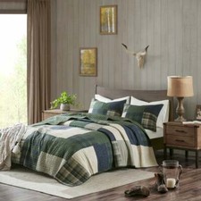 NEW COZY CLASSIC GREEN BLUE GREY PLAID LOG CABIN COUNTRY SOUTHWEST QUILT SET
