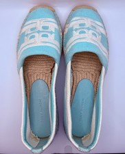 NIB Tory Burch Logo Jacquard Double T Striped Light Aqua Ash Espadrilles Size 7
