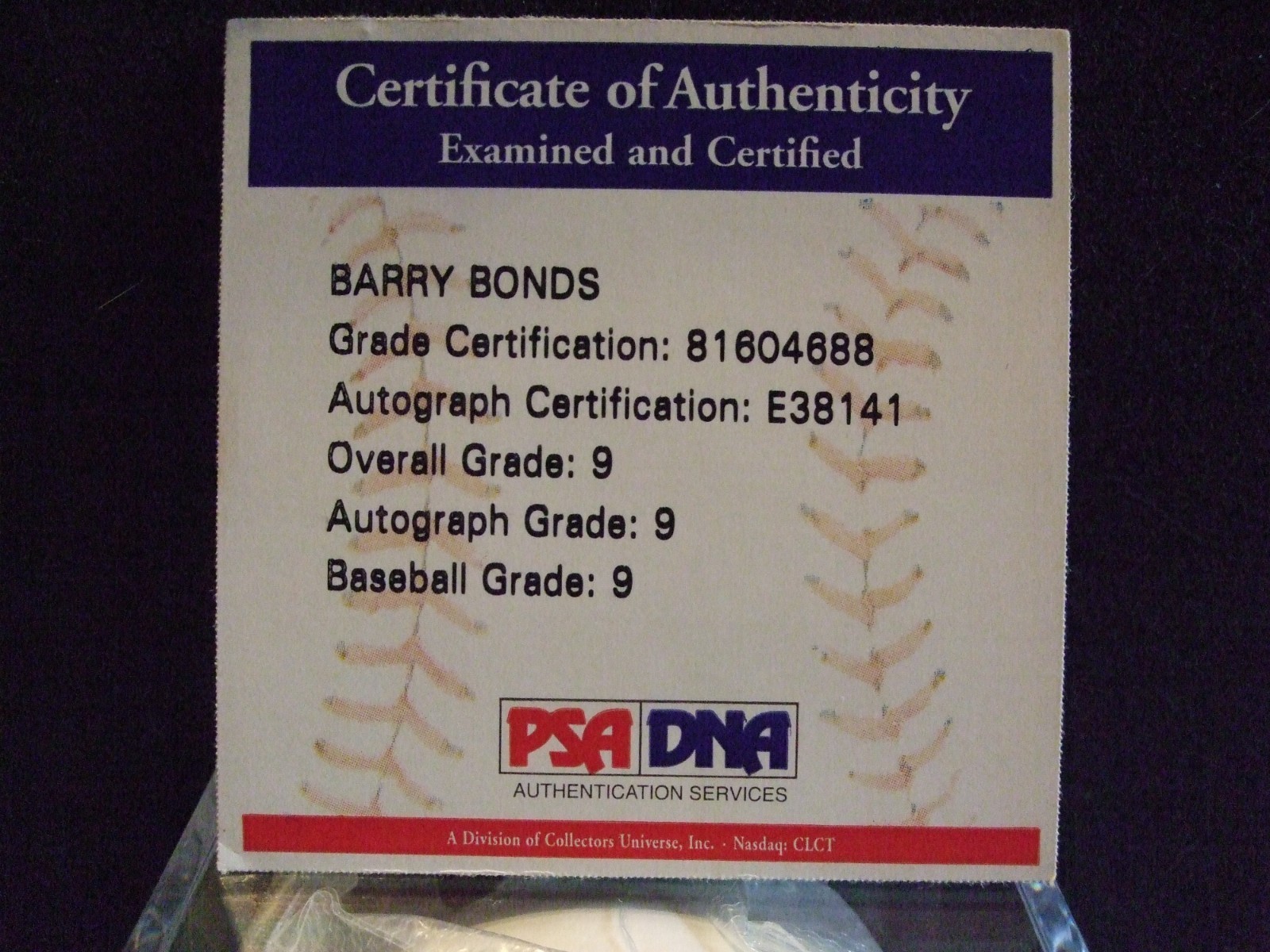 Barry Bonds Autographed Baseball PSA/DNA Authenticated with Grade 9 (Snow White) view 2