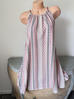 Artisan NY Tank Dress L Rope Strap Trapeze Halter Swing Aztec Geo Print New Easy