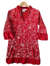 GRETCHEN SCOTT Red Velveteen Floral Embroidered Half Ruffle Trim Sleeve Dress S