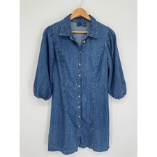 Gap Denim Mini Dress Women M Puff Sleeve Organic Cotton Button Front Western