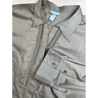 Liz & Me Women Plus Sz 5X Grey Smocked Pleated Button Down Shirt Long Sleeve NEW