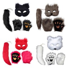 Foxes Tail Paws Gloves Animal Face Cover Set Halloween Dress Up Set for Party