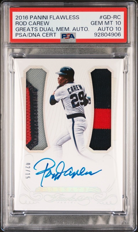 2016 Panini Flawless Rod Carew #GD-RC Game Worn Patch Autograph /15 PSA 10/10