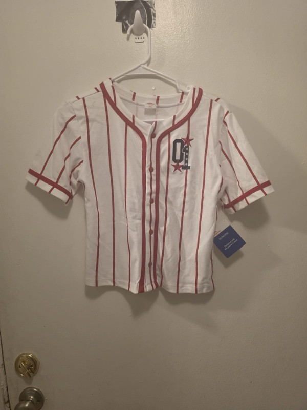 Patriotic Kids White & Red Pinstripe Baseball Jersey Shirt – Button Front – Star