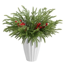 45 Pcs Christmas Norfolk Pine Branches with Red Berry Stems, 14" Artificial G...