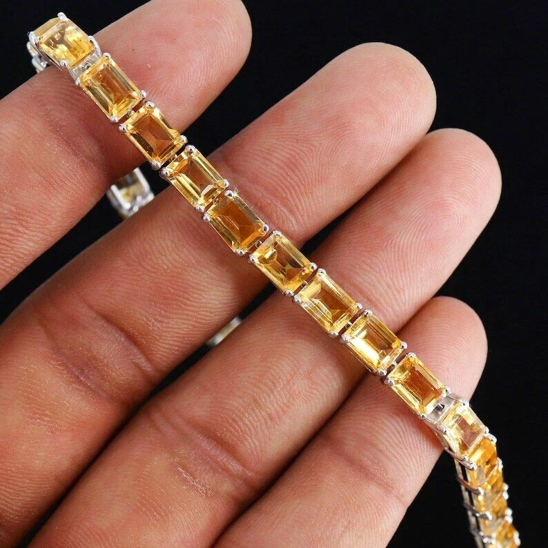 Natural Emerald Cut Citrine Gemstone 925 Sterling Silver Tennis Bracelets - Image 4 of 4