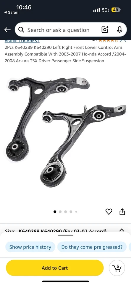 Brazo de control inferior delantero A-Premium 2 Honda Accord 2003-2007 Acura TSX 2004-2008 Foto 2 de 4