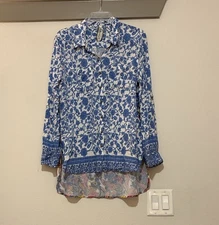 Aratta Silent Journey Paisley Print Mixed Media Button Down Blouse SZ L EUC