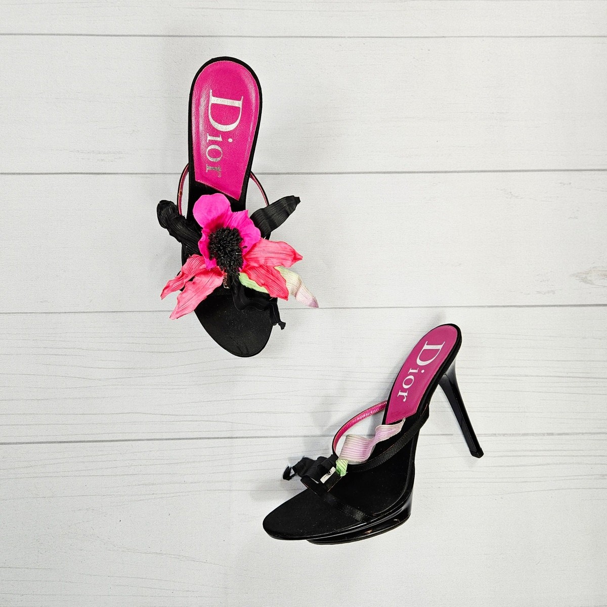 Y2k Dior Heels Hawaii Glamour Mules Black Satin Flower Detail Rare