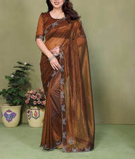 Embellished, Self Design Bollywood Net Saree with Unstitched Blouse Brown 
