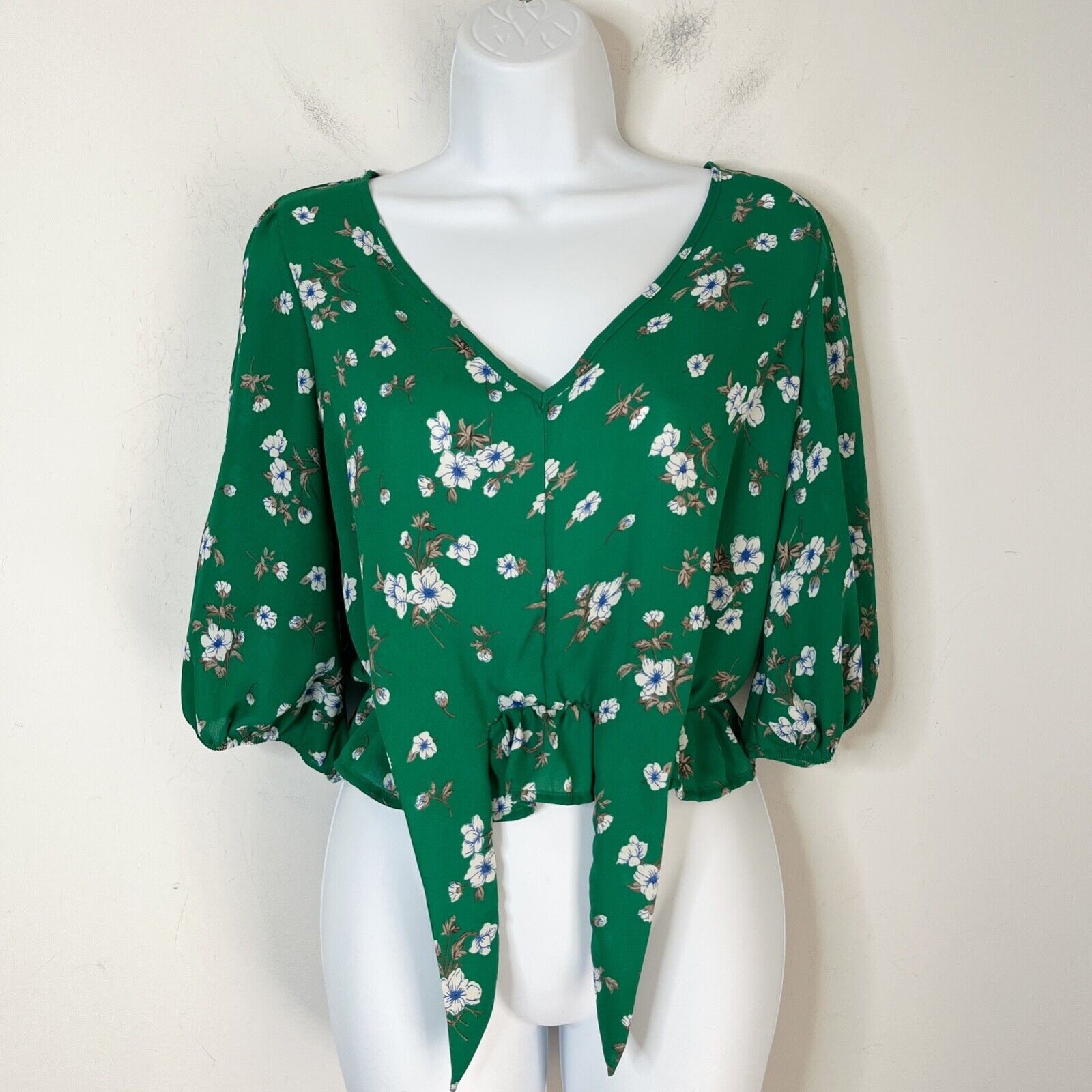 Sienna Sky Women's Peplum Top S Green Floral Print Tie Crop Ruffle 3/4 Sleeve