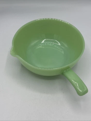 Vtg Fire King Green Jadeite Glass Skillet Soup Bowl with Spout and Handle