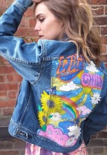 Hand Painted Dark Mid Blue Vintage Lee Denim Jacket Uk 8