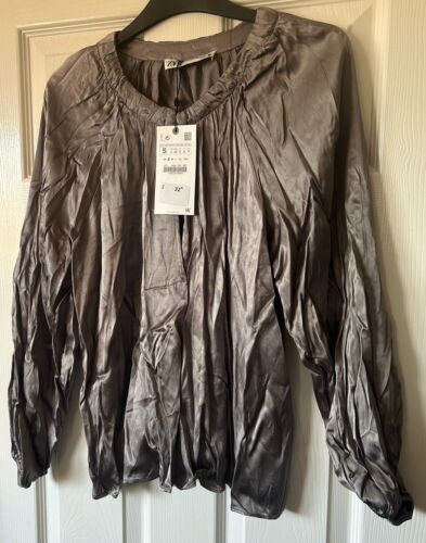 BNWT Gorgeous Pewter Silver Satin ZARA Voluminous Tunic Shirt Top S 10 £32.99! - Picture 2 of 7
