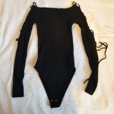 Contemporary Black Lace Up Long Sleeve Bodysuit small