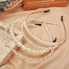4 Pack Pearls Fashion Headbands, White Artificial Pearl Rhinestones Hairbands