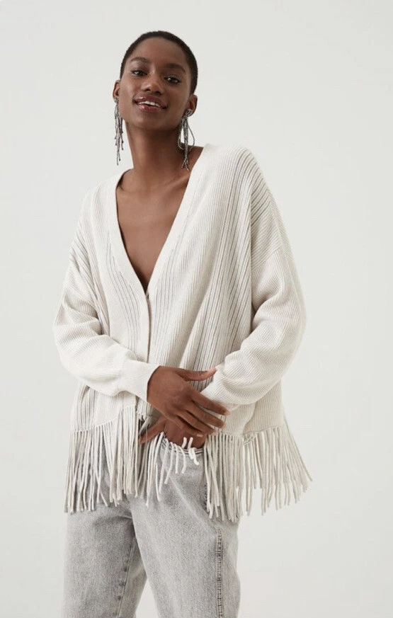 New Brunello Cucinelli English Rib and Monili Fringe Cardigan