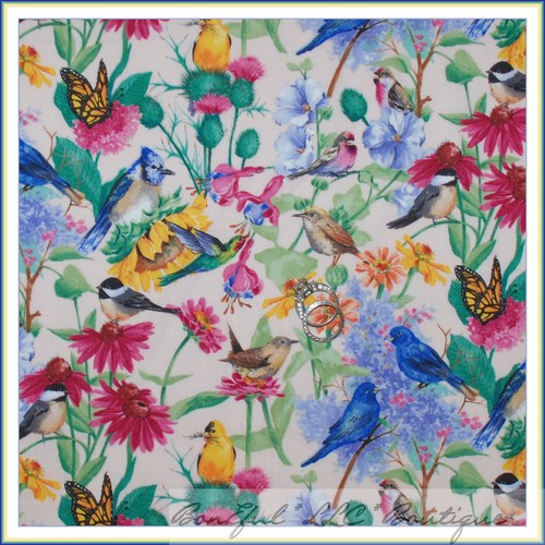 BonEful Fabric FQ Cotton Quilt Blue Jay BIRD Butterfly Yellow Sun*Flower Garden - Picture 9 of 9