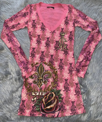 Christian Audigier Y2K Womens Rhinestone Pink T-shirt Dress XXS - Picture 1 of 10