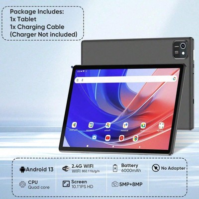 Android 13 Tablet 10.1'', 2GB+64GB, 1TB Expand, Quad-Core, 6000mAh, Dual Camera