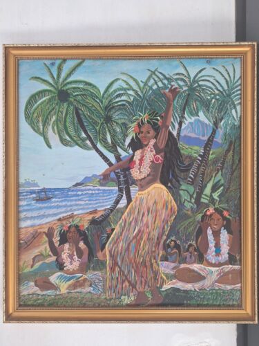 Peinture Ancienne Huile Sur Toile Femme Danseuse Des Île Tahiti Tableau Encadré - Photo 2 sur 16