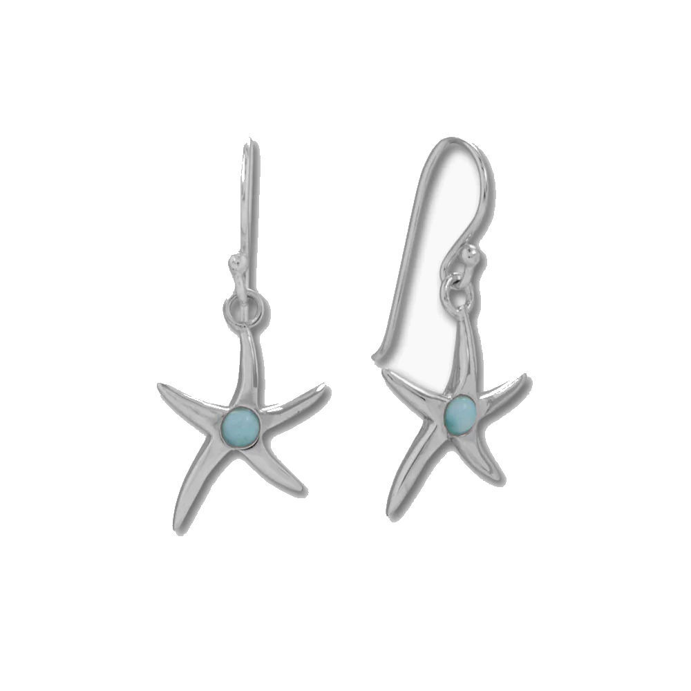 Starfish Earrings with Genuine Larimar Rhodium on Sterling Silver - Nontarnish Starfish Earrings with Genuine Larimar Rhodium on Sterling Silver - Nontarnish