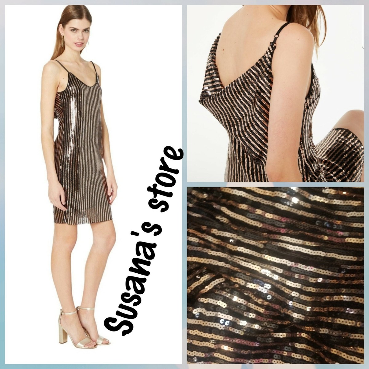 NWT Bebe SIZE M GOLD Spaghetti Strap Cowl Back Sequin Stripe Dress  Attractive | eBay
