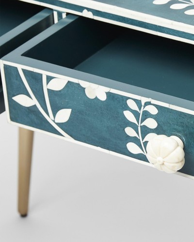 Bone Inlay Desk & Dressing Table Blue Floral Wood Home Decor Furniture - Picture 13 of 18