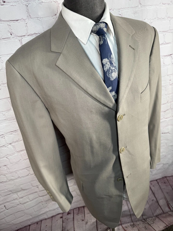 PERRY ELLIS Mens Beige Tan REG FIT Wool Pleated 2 Pc Suit 43R Jacket 36x31 Pant - Image 4 of 4