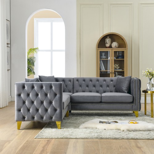 L-Shaped Velvet Upholstered Sectional Sofa Corner Sofa Couch Button Tufted Gray - Picture 3 of 12