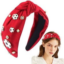 Soccer Rhinestone Jeweled Knotted Headbandn Wide Game Day Sports Hair Red