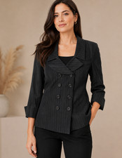 Tahari Womens Double-Breasted Wool Blend Pinstriped Preppy Size 8 Career Blazer