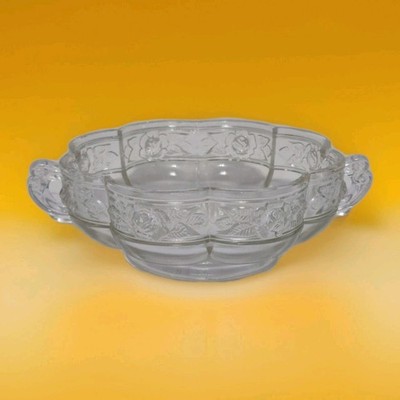 Vintage Jeanette Astec Rose  Dish Bowl With Double Handles 8'' Clear Glass  