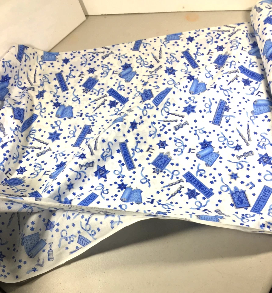 Tela SHALOM vintage Cranston Print Works blanco azul plata 100 % algodón 12 yardas Foto 4 de 4