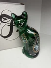 Fenton Glass Emerald Green 5" Cat Vintage, Floral With Gold Accents Signed W/Box