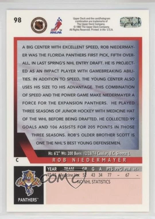1993-94 Upper Deck Rob Niedermayer #98 - Image 2 of 2