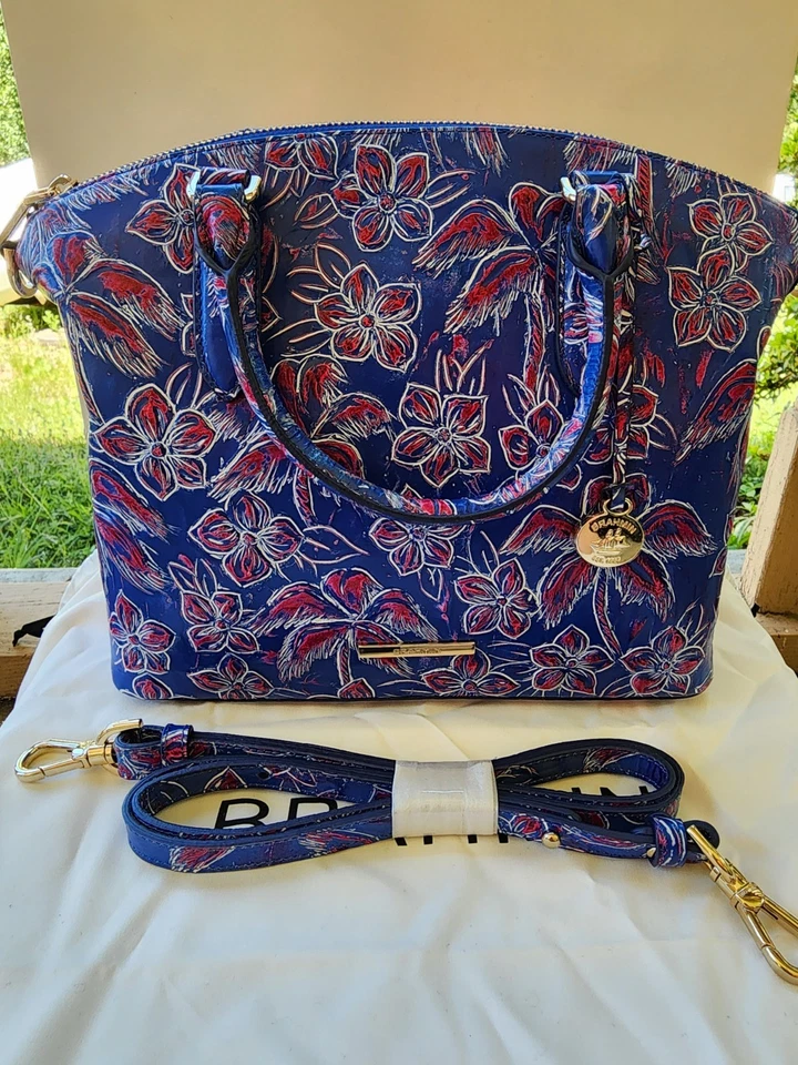 NWT $385 Brahmin Torrone Duxbury Floral Print Leather Satchel Blue Vista red - Image 4 of 4