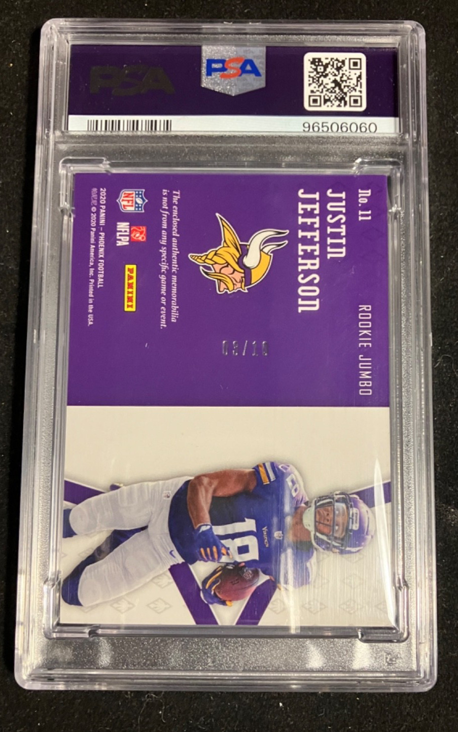 2020 Panini Phoenix Justin Jefferson Jersey Patch Prime Green 3/10 PSA Mint 9 view 2